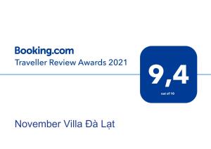 Certifikát, hodnocení, plakát nebo jiný dokument vystavený v ubytování November Villa Đà Lạt