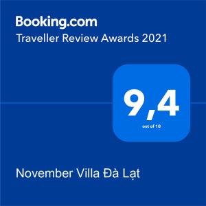 Certifikát, hodnocení, plakát nebo jiný dokument vystavený v ubytování November Villa Đà Lạt