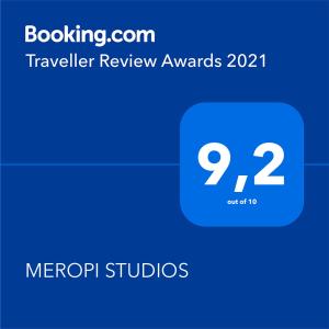 Certifikát, hodnocení, plakát nebo jiný dokument vystavený v ubytování MEROPI STUDIOS
