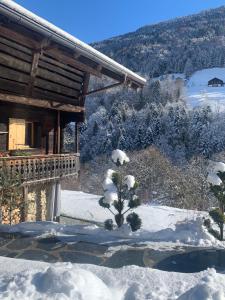 a house covered in snow next to a tree at Le 30 in Troistorrents