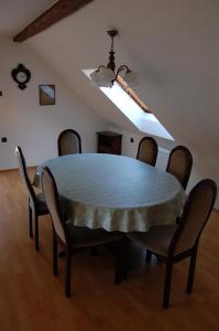 a dining room table with chairs and a ceiling light at Apartman Majak Sec in Seč