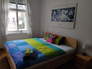 een slaapkamer met een bed met kleurrijke dekens en kussens bij Apartmán u Mlsného medvěda in Bečov nad Teplou