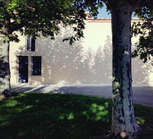 a white building with two trees in the grass at La Cadole de Chardonnay in Chardonnay