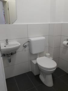 ein Badezimmer mit einem weißen WC und einem Waschbecken in der Unterkunft Max Thermal Apartman in Hévíz