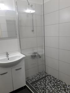 a bathroom with a shower and a sink at Max Thermal Apartman in Hévíz