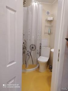 Un baño con inodoro y cortina de ducha. en Данделион, en Burgas 10 fotos más