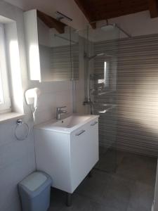 a bathroom with a sink and a shower and a toilet at Apartments Vintijan in Pula