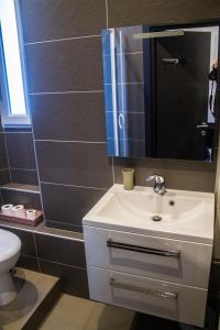 ein Badezimmer mit einem weißen Waschbecken und einem Spiegel in der Unterkunft Appartement palais plages in Cannes