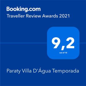 Captura de pantalla de un teléfono con premios de revisión de viajes en Paraty Villa d`agua Temporada, en Paraty