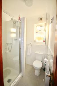 a white bathroom with a shower and a toilet at Purple Cloud Cottage in Portsmouth