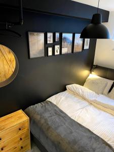 um quarto com uma cama, uma cómoda e um candeeiro em Apartament1 Tri-City Oliwa Ogród, prywatne wejście em Gdansk