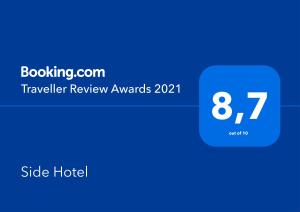 Certifikát, hodnocení, plakát nebo jiný dokument vystavený v ubytování Side Hotel