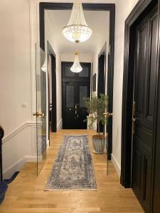 a hallway with a rug and a chandelier at La Maison de Reina in Troyes