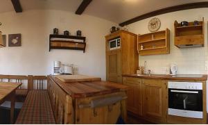 eine Küche mit Holzschränken und einer Arbeitsplatte in der Unterkunft Apartment Kärntnerhaus I in Patergassen