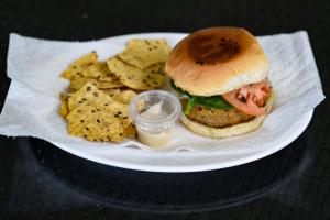 a plate with a hamburger and chips and sauce at Camping para dos - a escoger, segun disponibilidad de cabaña in Caguas