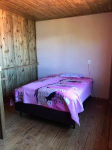 1 dormitorio con 1 cama de color púrpura en una habitación en Recanto Aurora, en Massiambu Pequeno