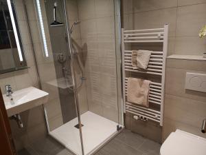 y baño con ducha y lavamanos. en Gästehaus Luxner en Strass im Zillertal