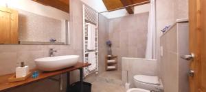 a bathroom with a white sink and a toilet at Camere B81 di Strain Neva in San Dorligo della Valle