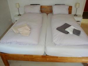 2 Einzelbetten mit weißer Bettwäsche und einem Buch darauf in der Unterkunft Casa Almis, Grindelwald in Grindelwald