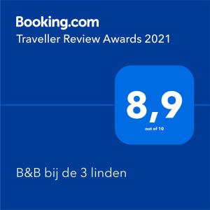 Certifikát, hodnocení, plakát nebo jiný dokument vystavený v ubytování B&B bij de 3 linden