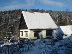 een huis met een met sneeuw bedekt dak in de sneeuw bij Erzgebirgsdomizil am Schwartenberg in Neuhausen