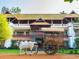 a man in a horse drawn carriage in front of a building at Rasa Gurukul in Kizhake Chālakudi
