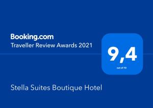 Captura de pantalla de un cartel de hotel con los premios theania review en Stella Suites Boutique Hotel, en Goirle