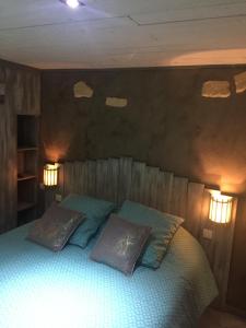 sypialnia z łóżkiem z 2 poduszkami w obiekcie chambre d’hôtes des oliviers w mieście La Roque-sur-Cèze