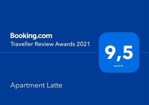 Certifikát, ocenenie alebo iný dokument vystavený v ubytovaní Apartment Latte