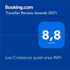 Ett certifikat, pris eller annat dokument som visas upp på Los Cristianos quiet area WiFi