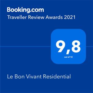 Sertifikat, nagrada, logo ili drugi dokument prikazan u objektu Le Bon Vivant Residential