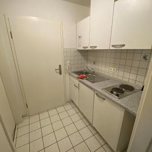 eine kleine Küche mit weißen Schränken und einem Waschbecken in der Unterkunft Ferienhof Möller 