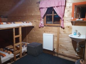 RibnicaにあるPlaninski dom "Tornik" Zlatiborの二段ベッド2台とシンクが備わる客室です。