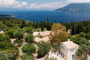 una vista aerea di una casa con alberi e acqua di Mathilda's House a Tselendáta