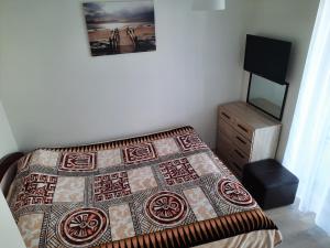 a bedroom with a bed with a quilt and a television at Maluno Vilos in Palanga