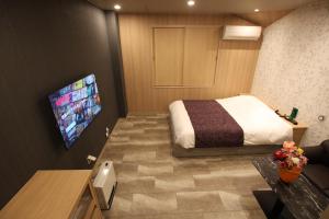 ホテル シンドバッド滝沢店 Adult Only في Barajima: غرفة فندقية بسرير وتلفزيون بشاشة مسطحة