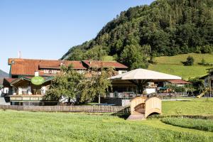 a bridge over a field in front of a mountain at Hotel Jägerhof in Oetz