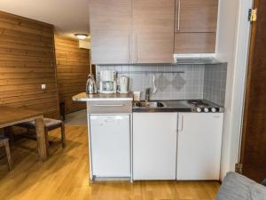 a small kitchen with white cabinets and a sink at Holiday Home Ylläs chalets 2101 by Interhome in Ylläsjärvi