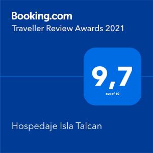Πιστοποιητικό, βραβείο, πινακίδα ή έγγραφο που προβάλλεται στο Hospedaje Isla Talcan