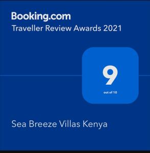 Sertifikatas, apdovanojimas, ženklas ar kitas apgyvendinimo įstaigoje Sea Breeze Villas Kenya matomas dokumentas