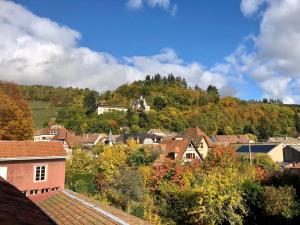 eine kleine Stadt mit einem Schloss auf einem Hügel in der Unterkunft La Clé d'Alsace in Sainte-Marie-aux-Mines