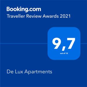 Majutusasutuses De Lux Apartments olev sertifikaat, autasu, silt või muu dokument