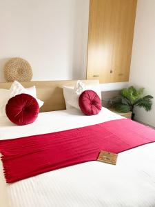 ein Bett mit roten Kissen und einer roten Decke darauf in der Unterkunft Appart Aldyis in Sprimont