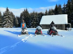 een groep van drie mensen die in de sneeuw staan bij Ivoi Magasbukki vendeghaz in Izvoare