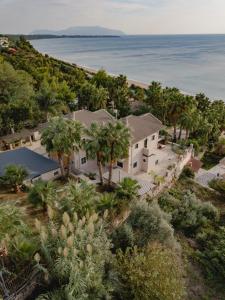an aerial view of a house with palm trees and the ocean at ORRAON Lux Aparts K in Preveza
