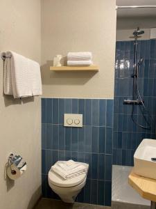 a blue tiled bathroom with a toilet and a sink at Chalet Bergheimat Zermatt in Zermatt +27 photos