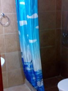 a shower with a blue shower curtain in a bathroom at Milenarios Hostel in El Chalten