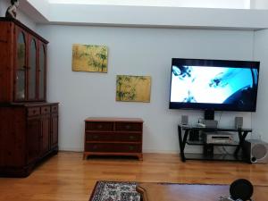 uma sala de estar com uma televisão de ecrã plano na parede em Craig House with Heated Pool on small lake em Bradenton