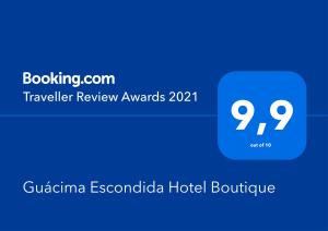 Un certificat, premiu, logo sau alt document afișat la Guácima Escondida Hotel Boutique