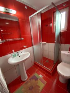 a bathroom with a toilet and a sink and a shower at Casa Cristalina&Dumi in Albac